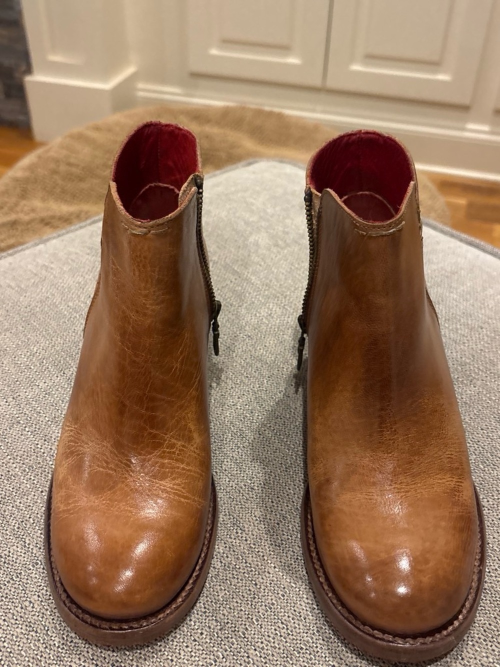 BED|STU Women's Brown Leather Ankle Booties with Red Lining